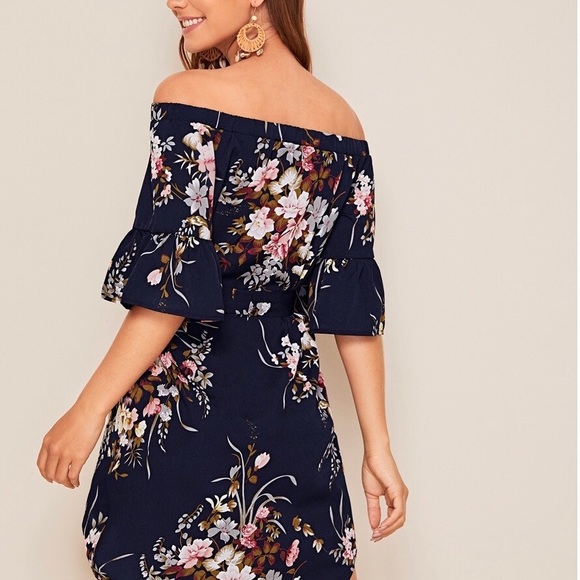 Off The Shoulder Floral Print Tie Curved Hem Dress - Picture 3 of 6